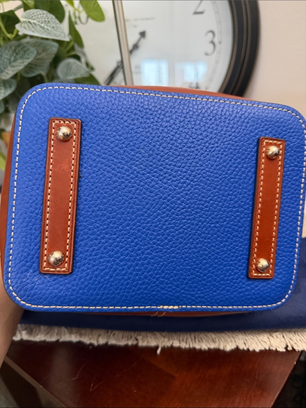 Dooney & Bourke Blue Leather Drawstring Bucket Bag with Brown Trim and Tassels - Picture 10 of 16